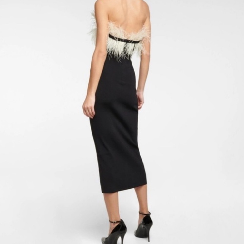 Staud Dress Nellie Midi Feather Trim in Black Ivory - Picture 3 of 4